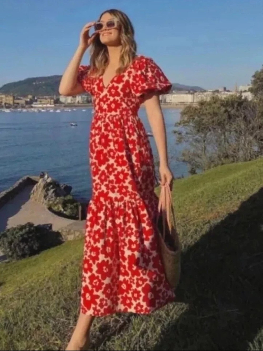 Zara Printed Poplin Floral Maxi Dress Red Size S bloggers fav coastal boho chic